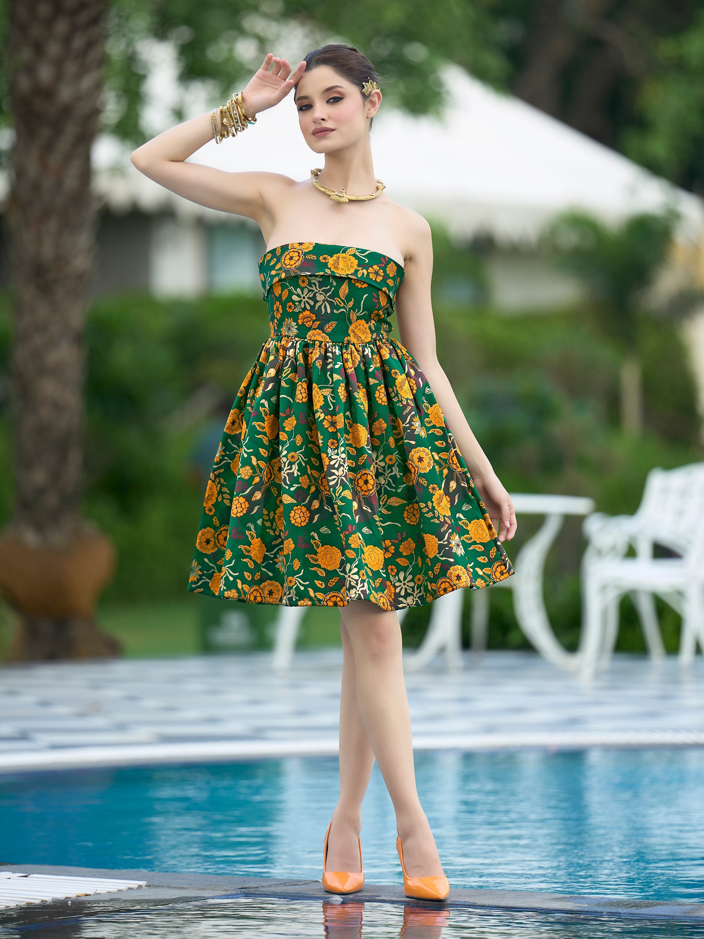 Monjolika Fashion Green Floral Weaving Zari Jacquard Strapless Mini Dress - Distacart