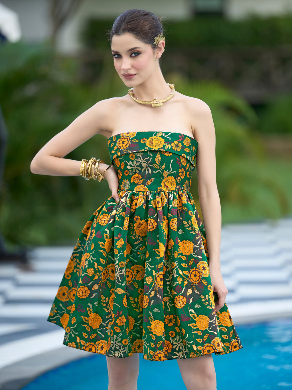 Monjolika Fashion Green Floral Weaving Zari Jacquard Strapless Mini Dress - Distacart
