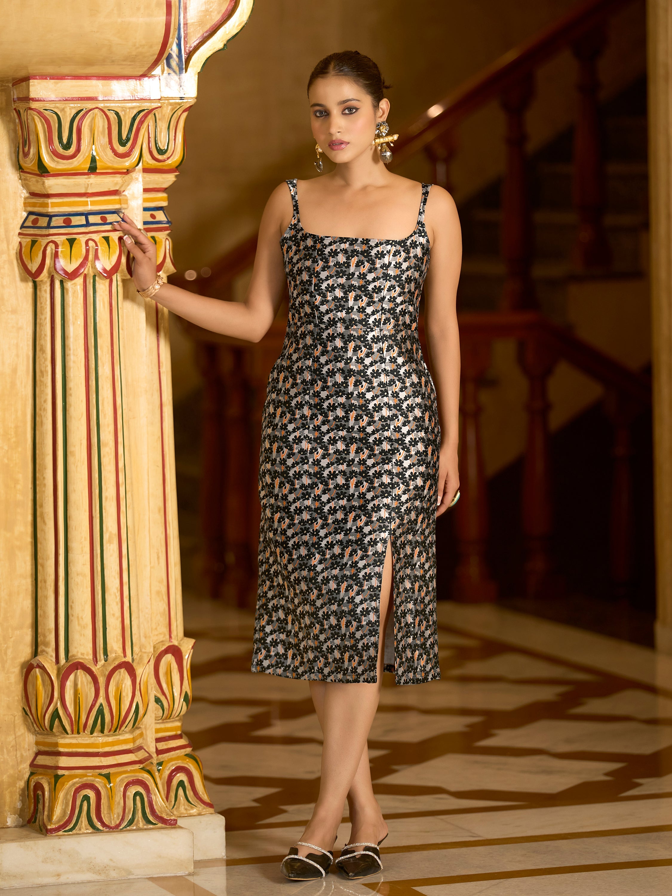 Monjolika Fashion Black Floral Weaving Zari Jacquard Bodycon Midi Dress With Slit Cut - Distacart