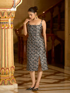 Monjolika Fashion Black Floral Weaving Zari Jacquard Bodycon Midi Dress With Slit Cut - Distacart