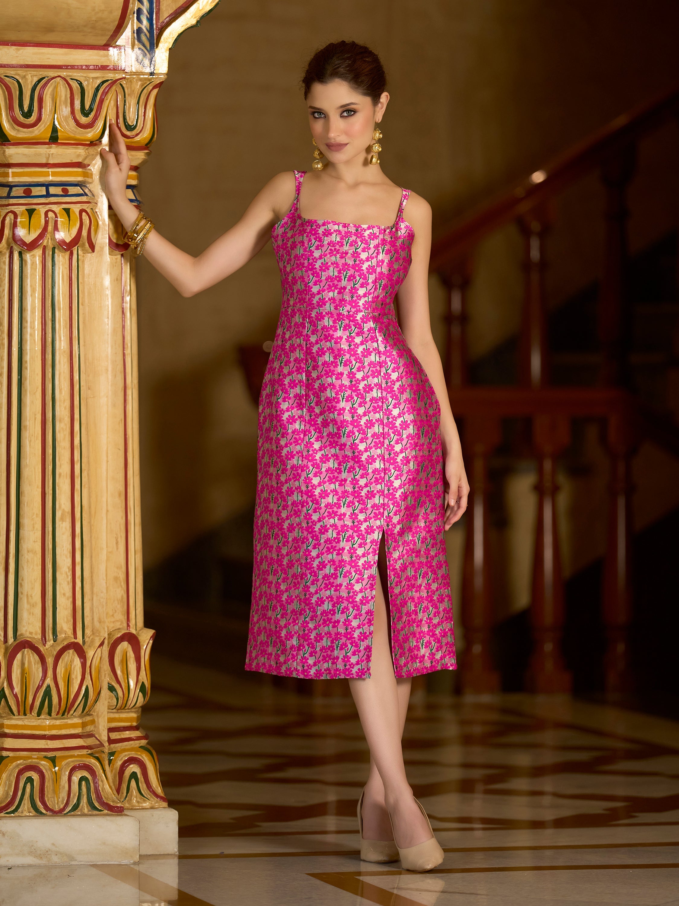 Monjolika Fashion Pink Floral Weaving Zari Jacquard Bodycon Midi Dress With Slit Cut - Distacart