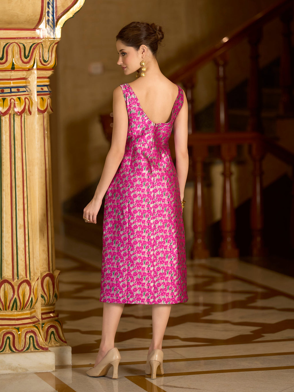 Monjolika Fashion Pink Floral Weaving Zari Jacquard Bodycon Midi Dress With Slit Cut - Distacart