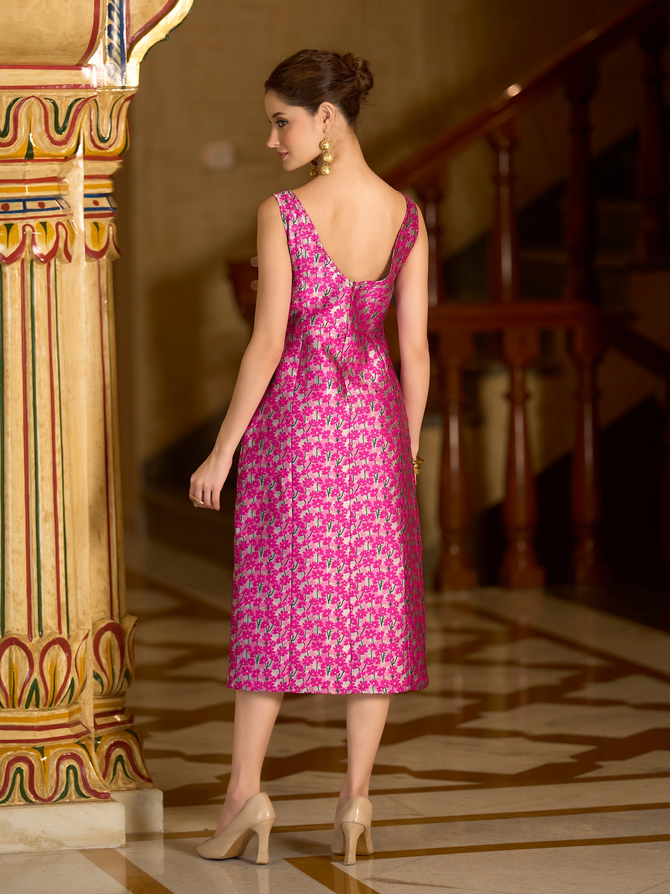 Monjolika Fashion Pink Floral Weaving Zari Jacquard Bodycon Midi Dress With Slit Cut - Distacart
