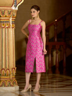 Monjolika Fashion Pink Floral Weaving Zari Jacquard Bodycon Midi Dress With Slit Cut - Distacart