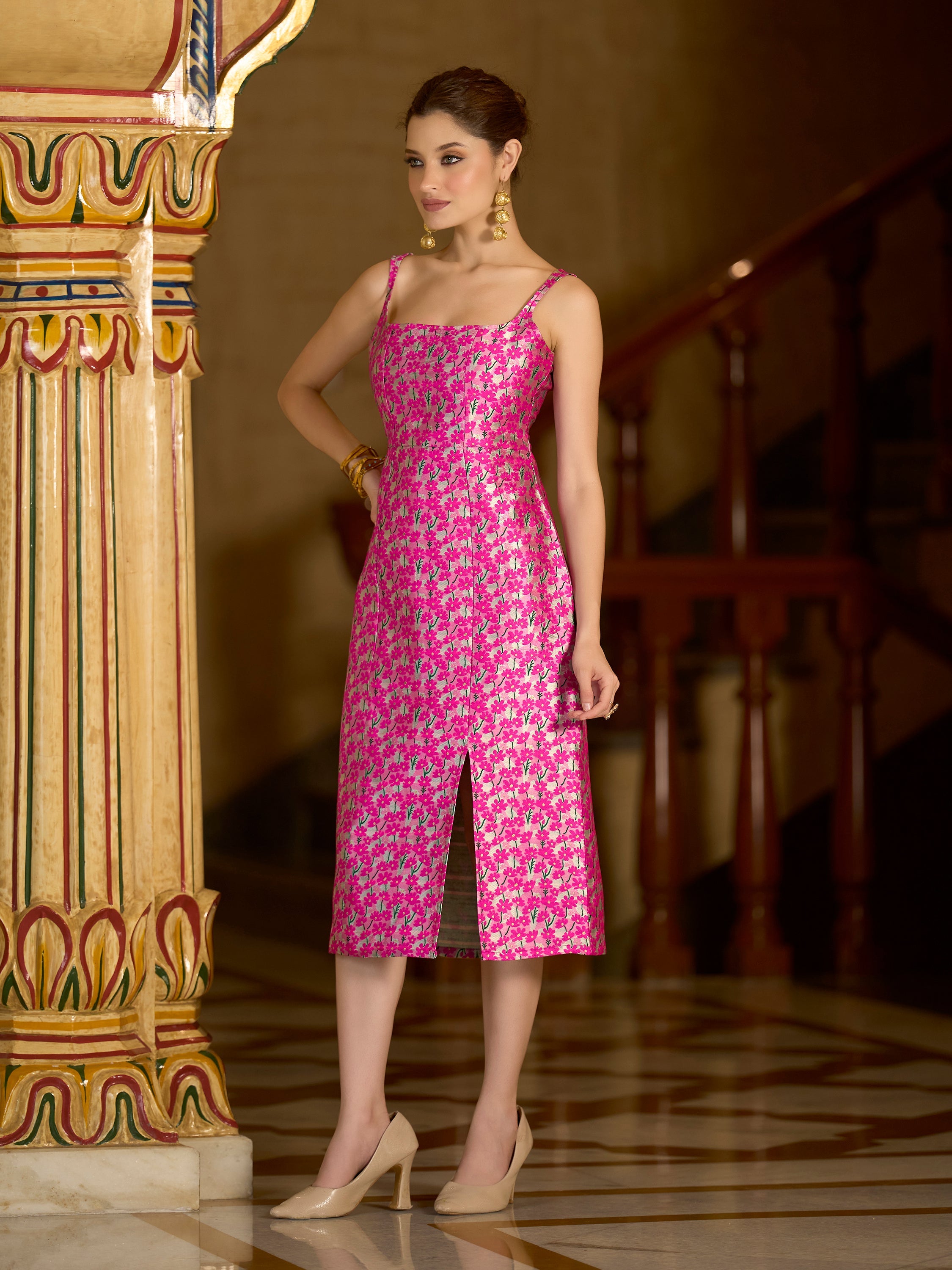 Monjolika Fashion Pink Floral Weaving Zari Jacquard Bodycon Midi Dress With Slit Cut - Distacart