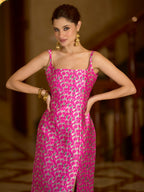 Monjolika Fashion Pink Floral Weaving Zari Jacquard Bodycon Midi Dress With Slit Cut - Distacart