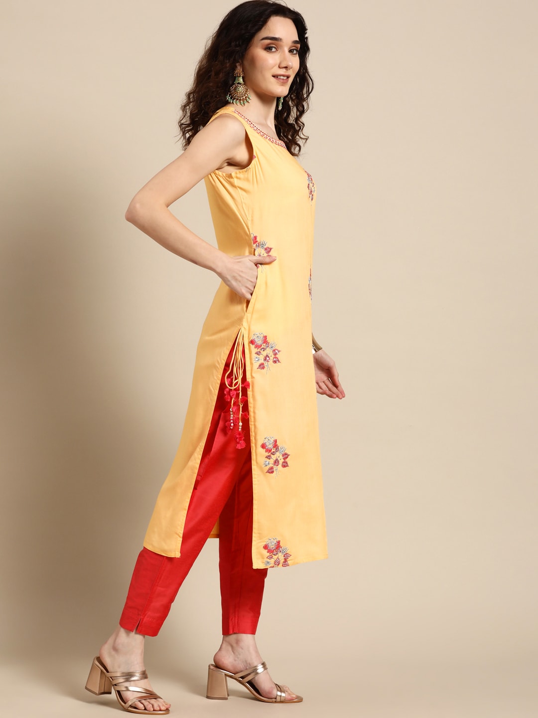 Sangria Women Yellow Floral Embroidered Sequinned Kurta with Trousers