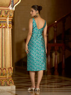 Monjolika Fashion Teal Floral Weaving Zari Jacquard Bodycon Midi Dress With Slit Cut - Distacart