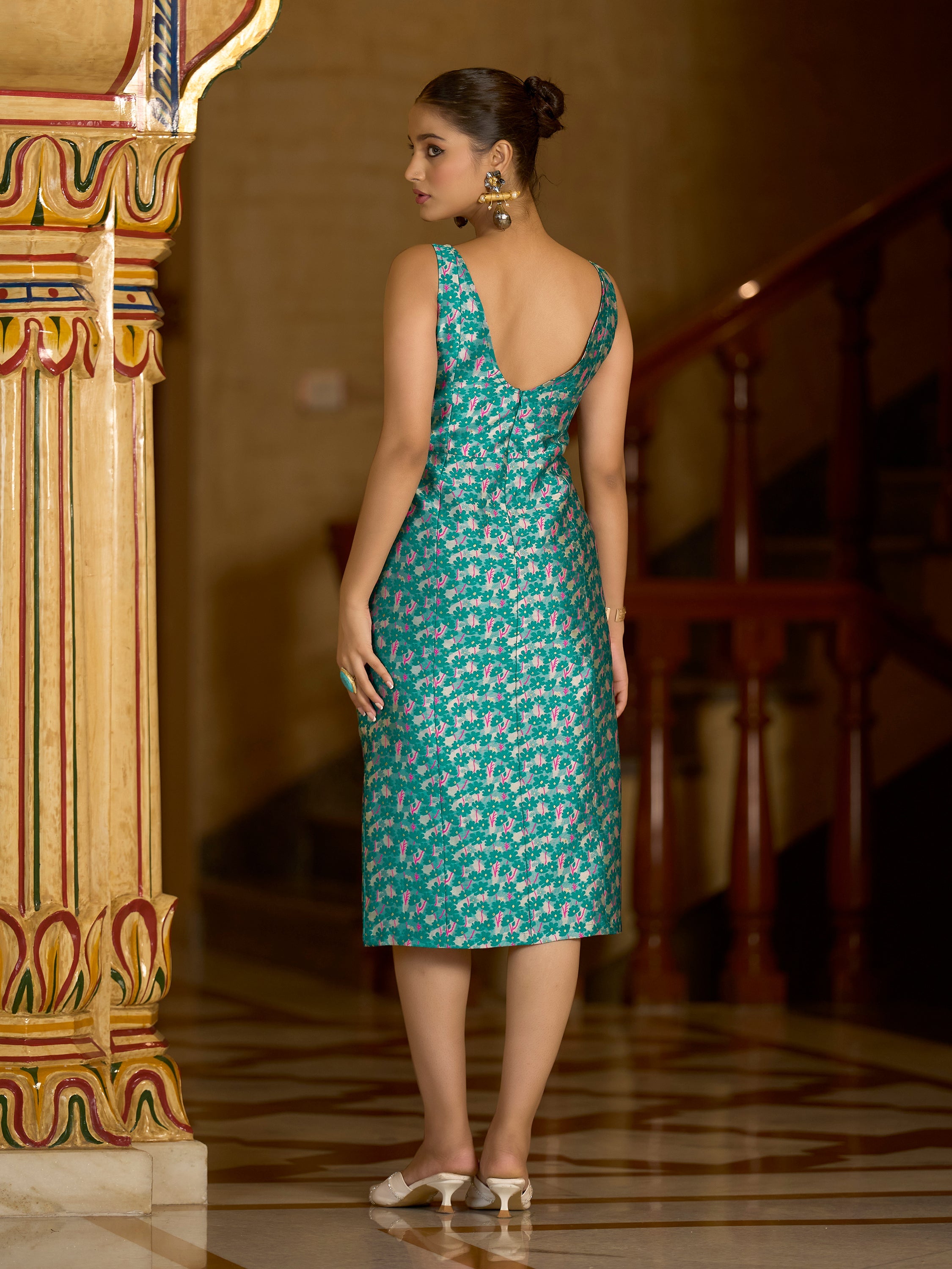 Monjolika Fashion Teal Floral Weaving Zari Jacquard Bodycon Midi Dress With Slit Cut - Distacart