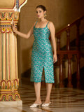 Monjolika Fashion Teal Floral Weaving Zari Jacquard Bodycon Midi Dress With Slit Cut - Distacart
