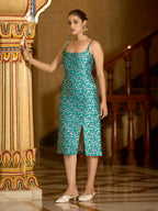 Monjolika Fashion Teal Floral Weaving Zari Jacquard Bodycon Midi Dress With Slit Cut - Distacart