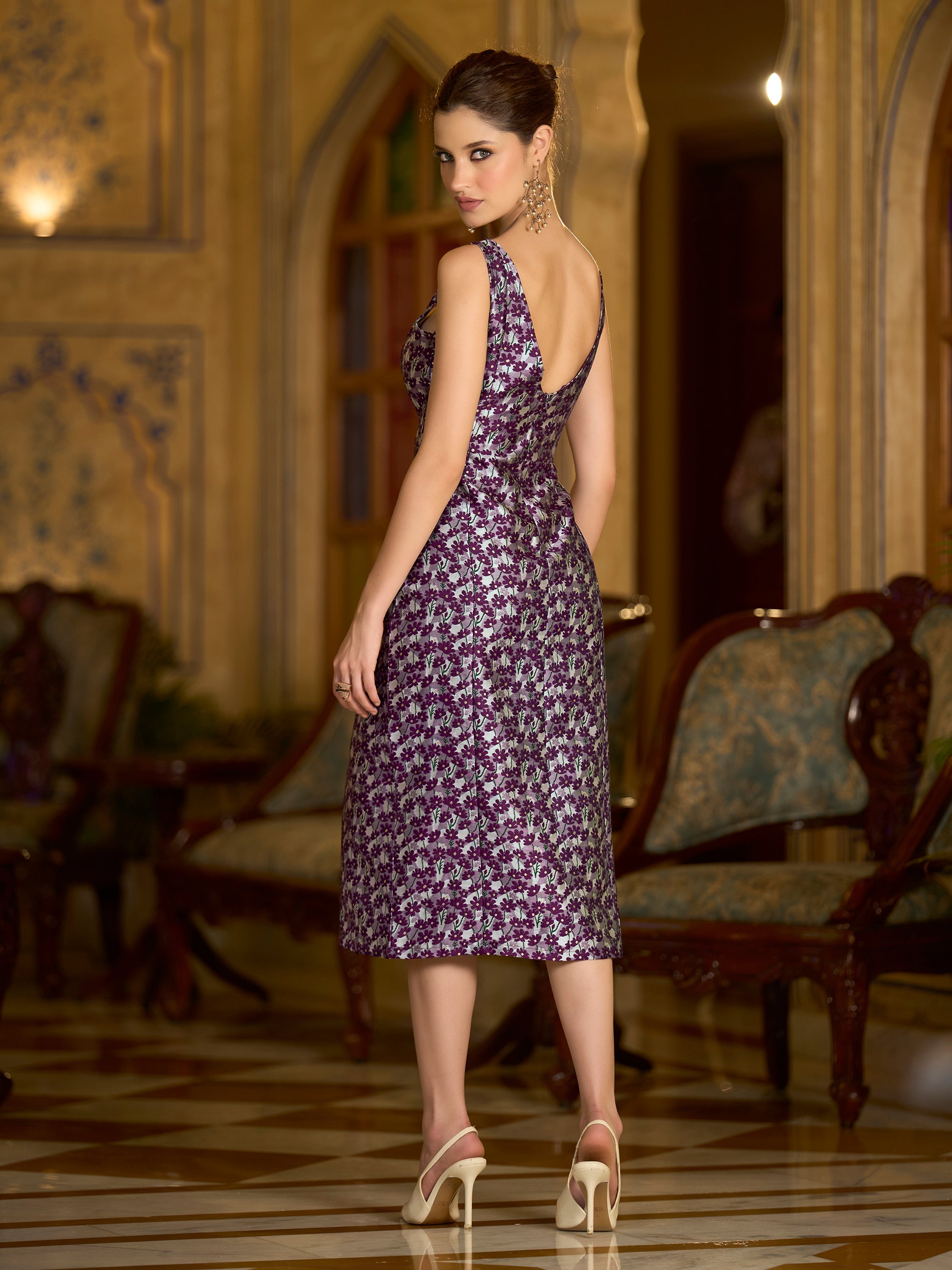 Monjolika Fashion Wine Floral Weaving Zari Jacquard Bodycon Midi Dress With Slit Cut - Distacart