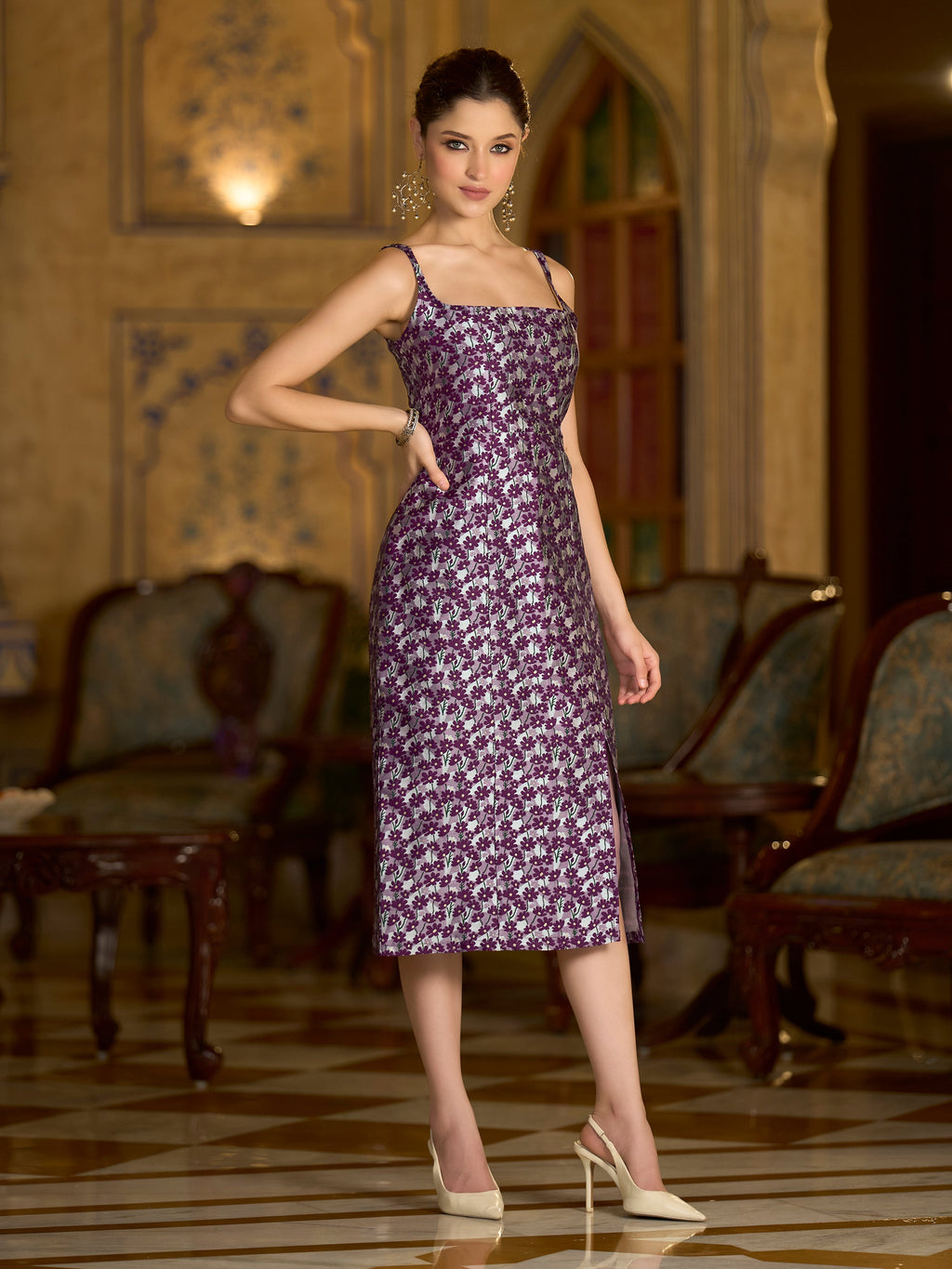 Monjolika Fashion Wine Floral Weaving Zari Jacquard Bodycon Midi Dress With Slit Cut - Distacart
