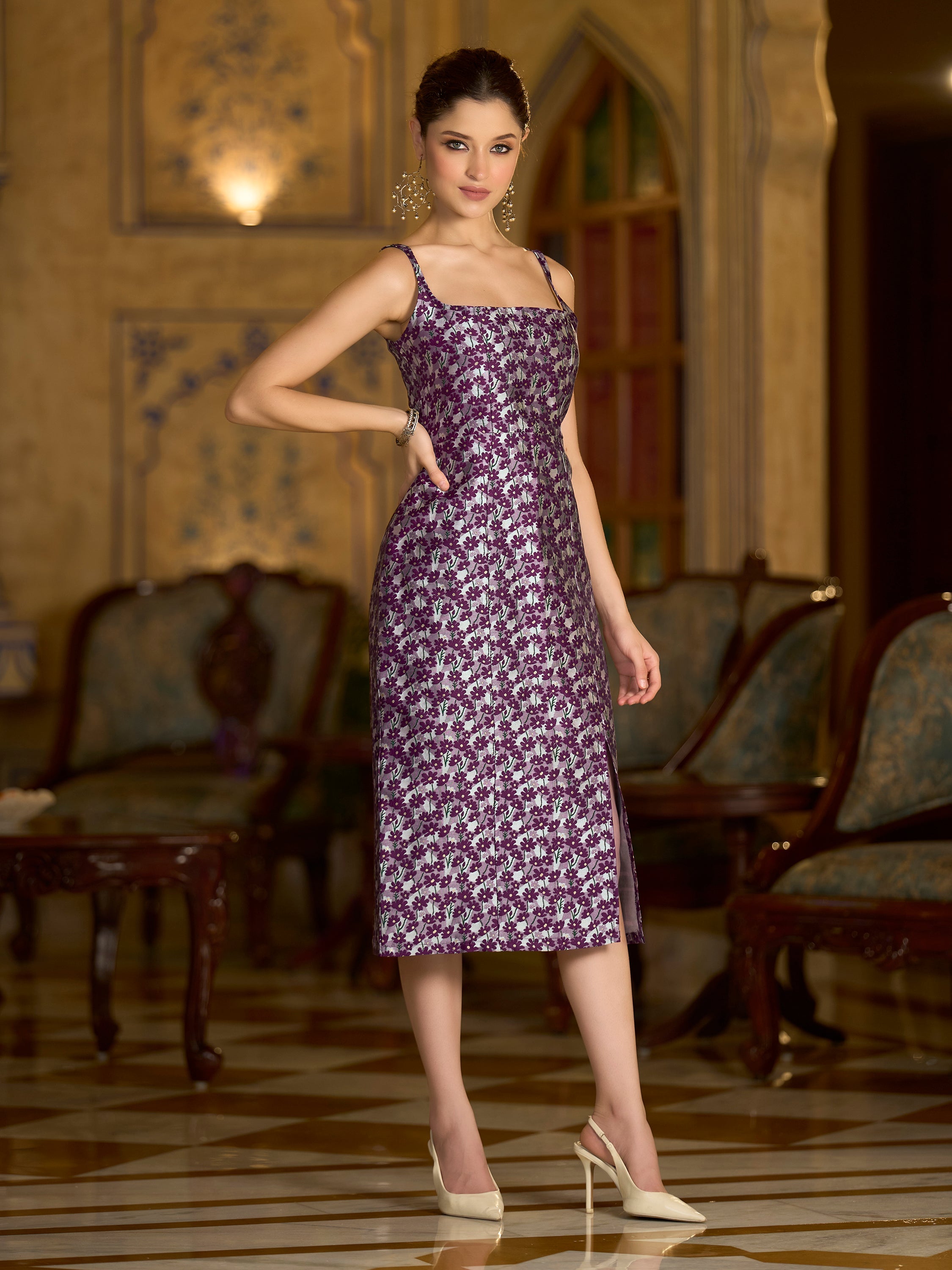Monjolika Fashion Wine Floral Weaving Zari Jacquard Bodycon Midi Dress With Slit Cut - Distacart