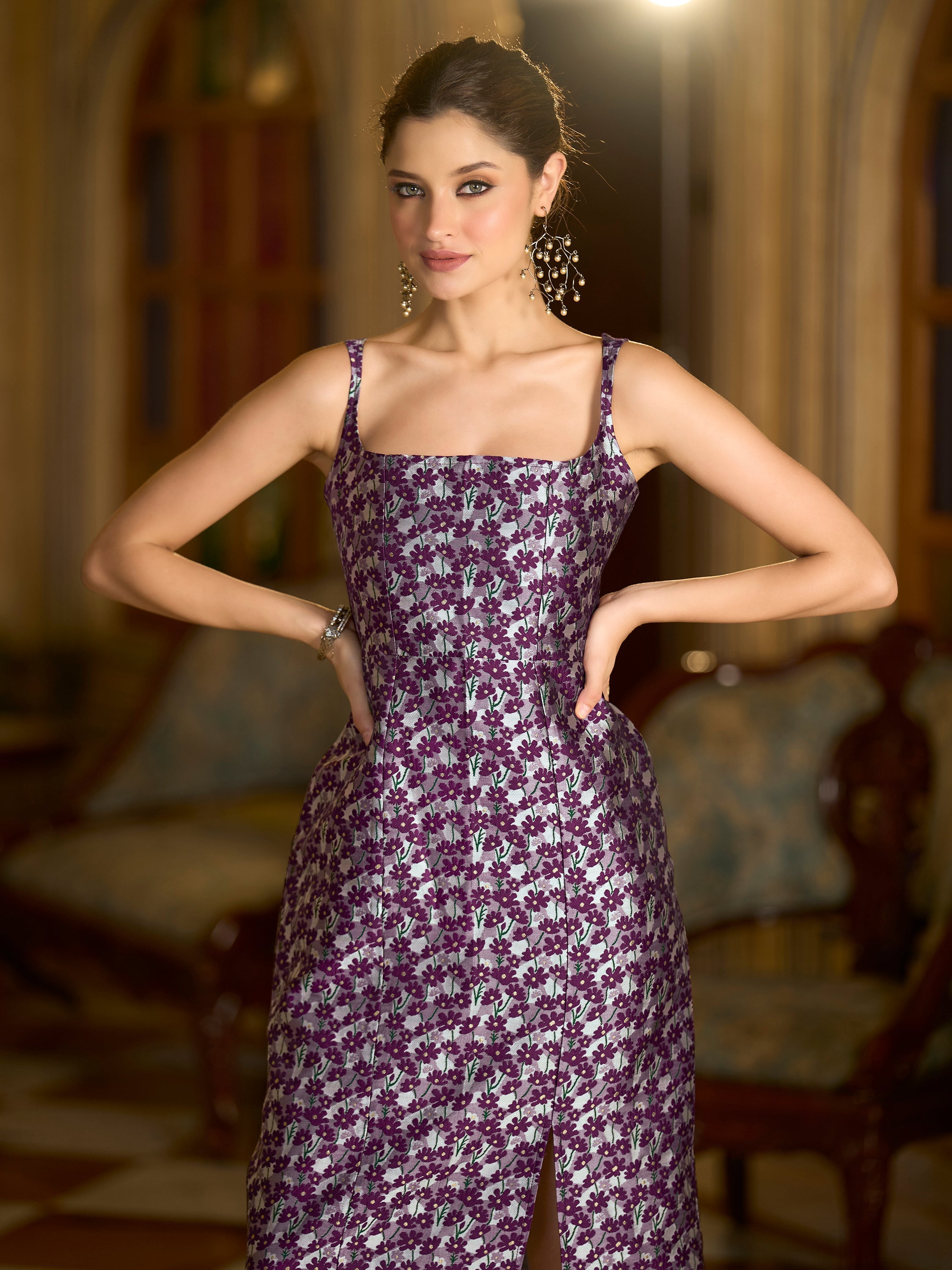 Monjolika Fashion Wine Floral Weaving Zari Jacquard Bodycon Midi Dress With Slit Cut - Distacart