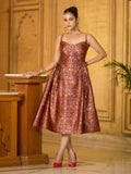 Monjolika Fashion Designer Maroon Jacquard Zari Woven A-Line Midi Dress - Distacart