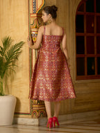 Monjolika Fashion Designer Maroon Jacquard Zari Woven A-Line Midi Dress - Distacart