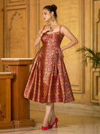 Monjolika Fashion Designer Maroon Jacquard Zari Woven A-Line Midi Dress - Distacart