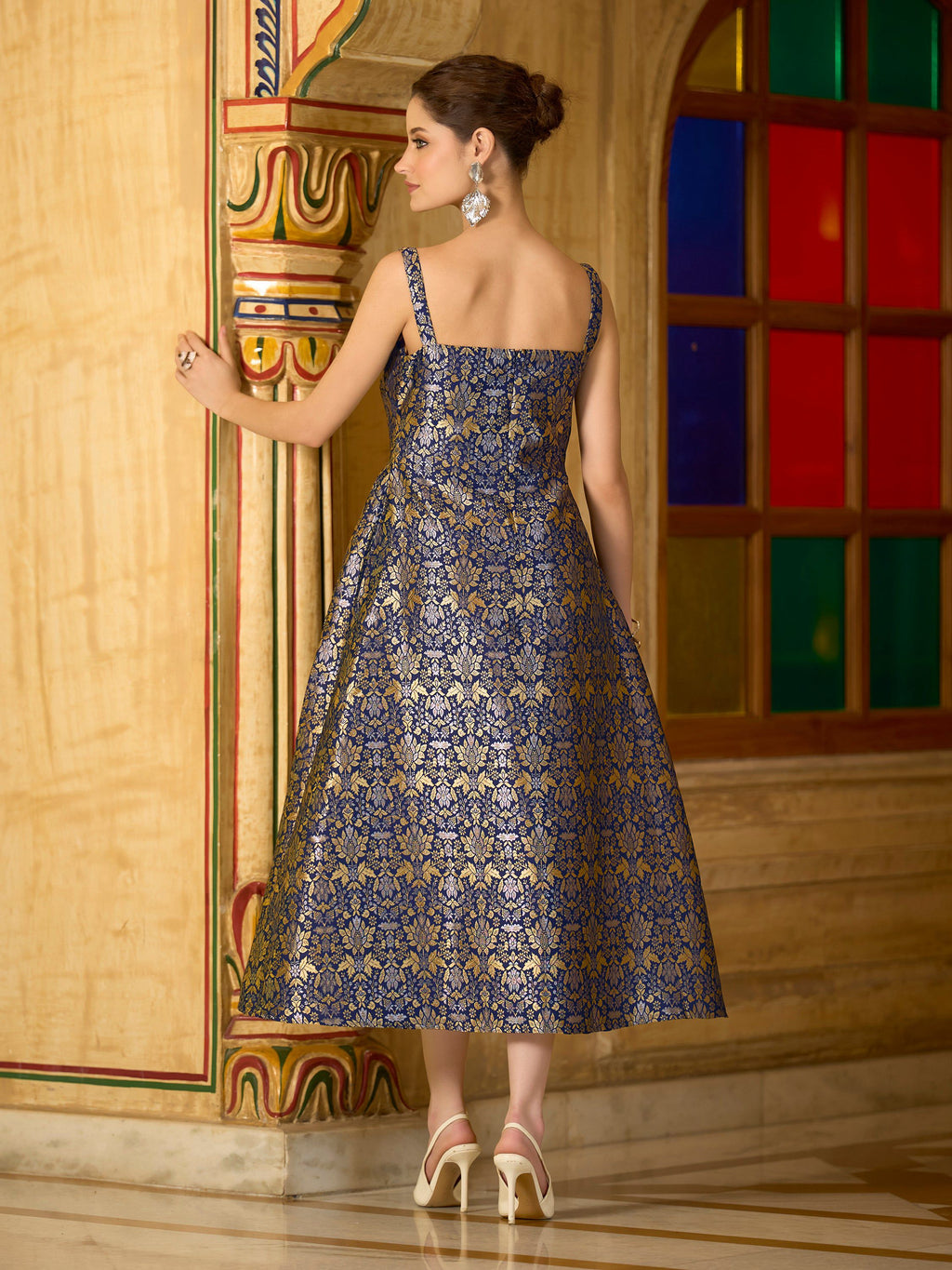 Monjolika Fashion Designer Navy Blue Jacquard Zari Woven A-Line Midi Dress - Distacart