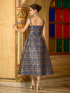 Monjolika Fashion Designer Navy Blue Jacquard Zari Woven A-Line Midi Dress - Distacart