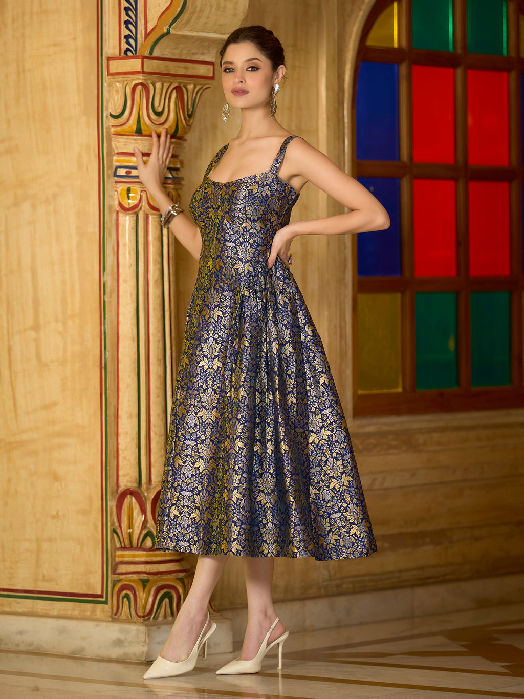 Monjolika Fashion Designer Navy Blue Jacquard Zari Woven A-Line Midi Dress - Distacart