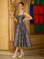 Monjolika Fashion Designer Navy Blue Jacquard Zari Woven A-Line Midi Dress - Distacart