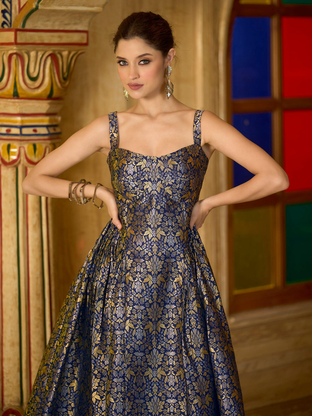 Monjolika Fashion Designer Navy Blue Jacquard Zari Woven A-Line Midi Dress - Distacart