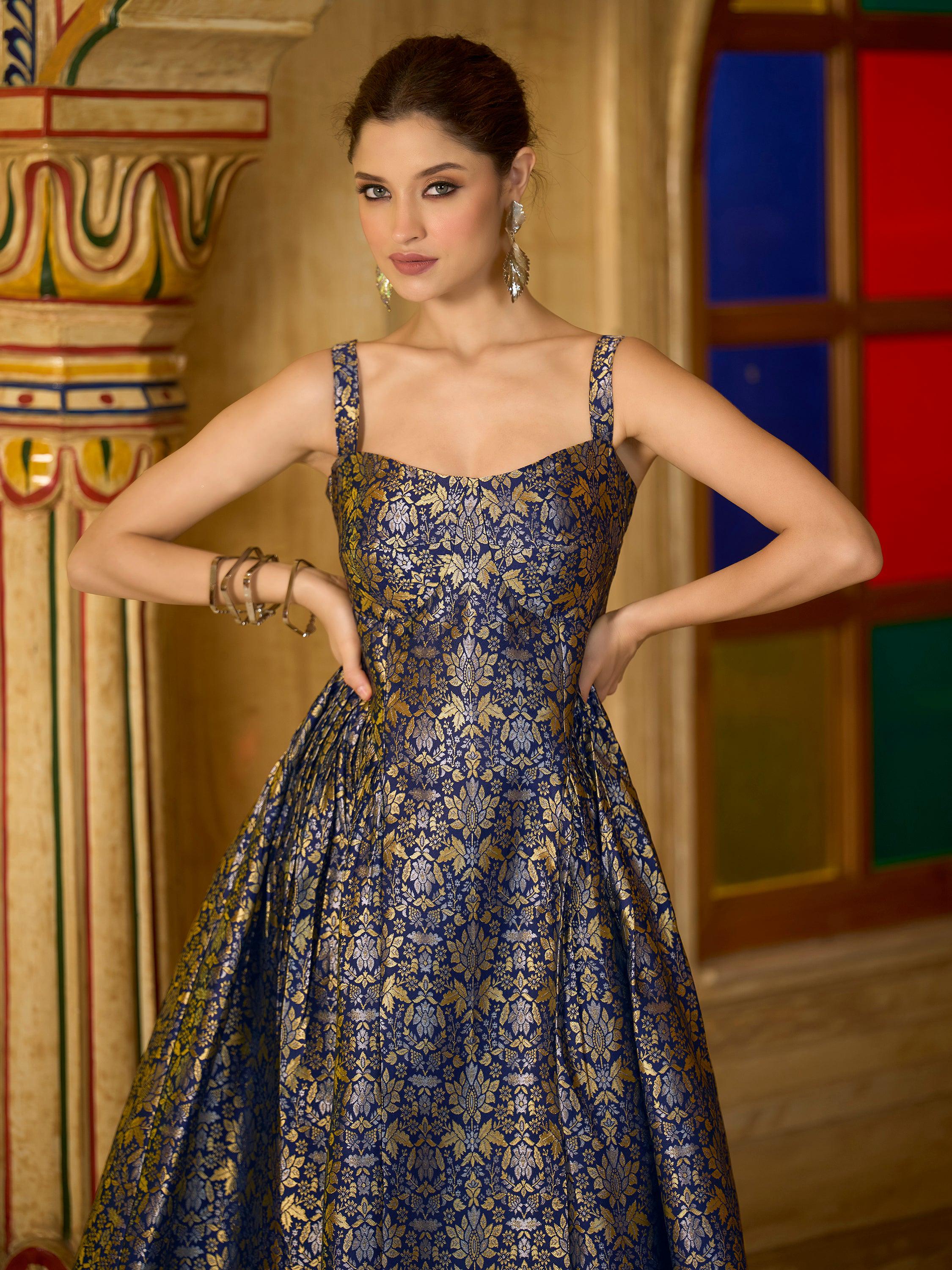 Monjolika Fashion Designer Navy Blue Jacquard Zari Woven A-Line Midi Dress - Distacart