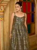 Monjolika Fashion Designer Black Jacquard Zari Woven A-Line Midi Dress - Distacart
