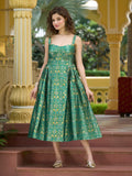 Monjolika Fashion Designer Teal Jacquard Zari Woven A-Line Midi Dress - Distacart
