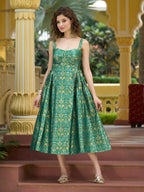 Monjolika Fashion Designer Teal Jacquard Zari Woven A-Line Midi Dress - Distacart