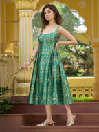 Monjolika Fashion Designer Teal Jacquard Zari Woven A-Line Midi Dress - Distacart