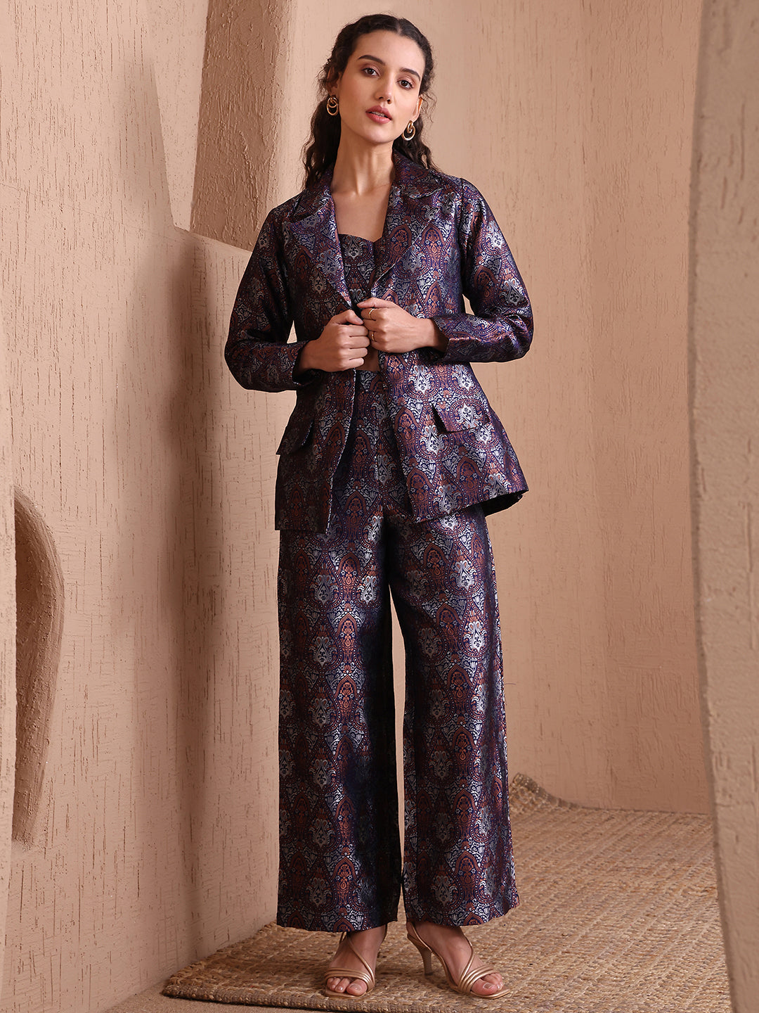 Monjolika Fashion Women's Navy Blue Banarasi Brocade Co-ord Set With Designer Blazer & Wide-Leg Pants - Distacart