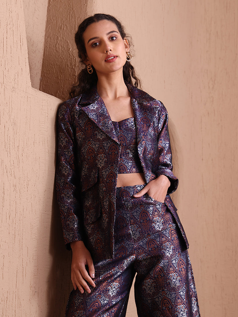 Monjolika Fashion Women's Navy Blue Banarasi Brocade Co-ord Set With Designer Blazer & Wide-Leg Pants - Distacart