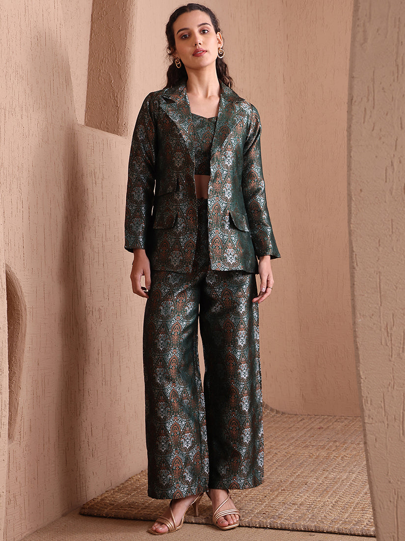 Monjolika Fashion Women's Green Banarasi Brocade Co-ord Set With Designer Blazer & Wide-Leg Pants - Distacart