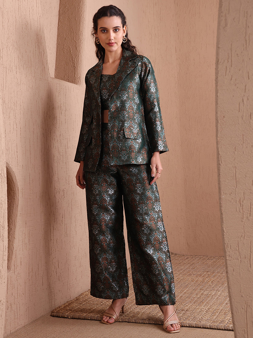 Monjolika Fashion Women's Green Banarasi Brocade Co-ord Set With Designer Blazer & Wide-Leg Pants - Distacart