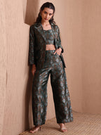 Monjolika Fashion Women's Green Banarasi Brocade Co-ord Set With Designer Blazer & Wide-Leg Pants - Distacart