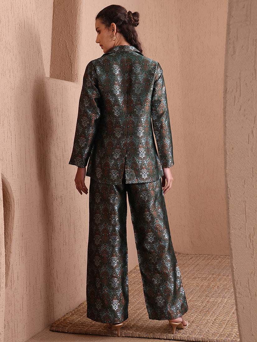 Monjolika Fashion Women's Green Banarasi Brocade Co-ord Set With Designer Blazer & Wide-Leg Pants - Distacart