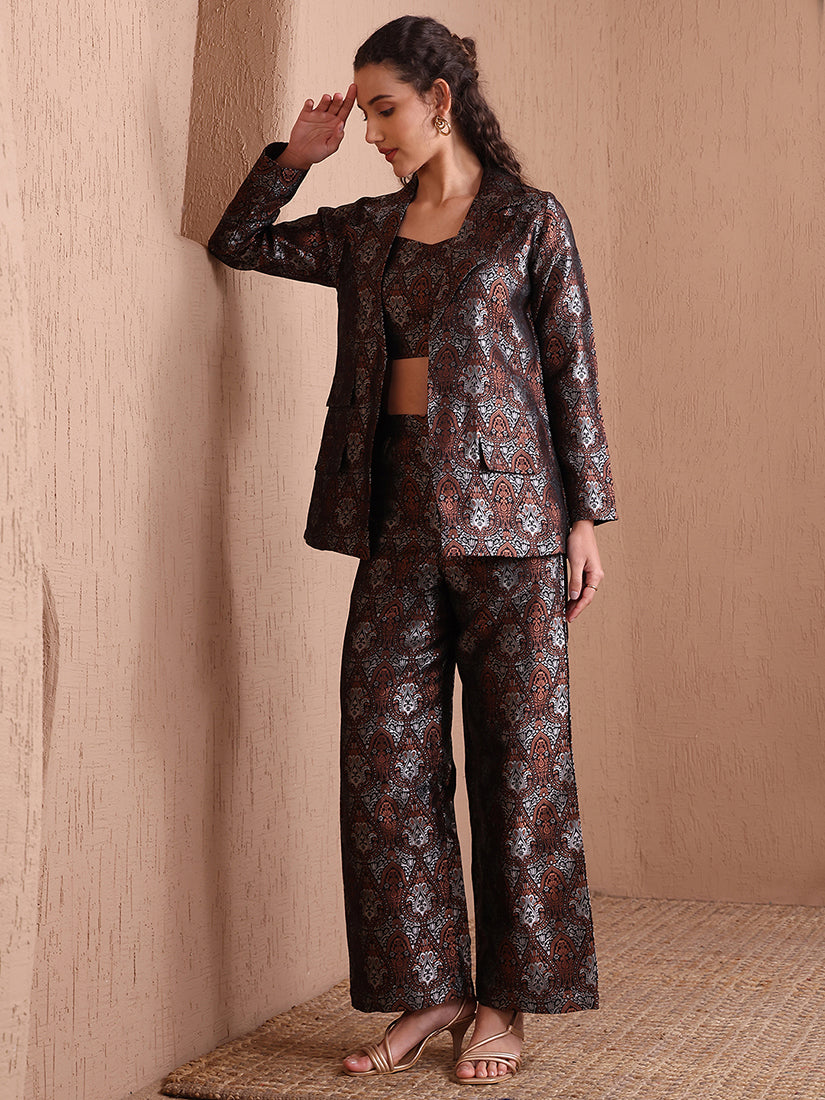 Monjolika Fashion Women's Black Banarasi Brocade Co-ord Set With Designer Blazer & Wide-Leg Pants - Distacart