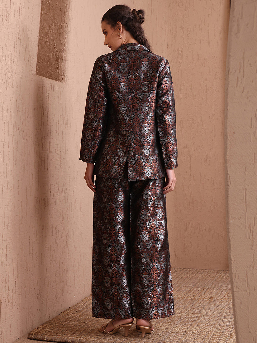 Monjolika Fashion Women's Black Banarasi Brocade Co-ord Set With Designer Blazer & Wide-Leg Pants - Distacart