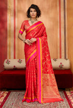 Monjolika Fashion Red Weaving Satin Silk Blend Festival Trendy Saree - Distacart