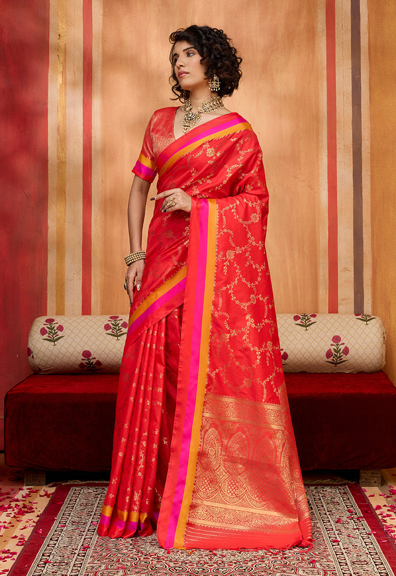Monjolika Fashion Red Weaving Satin Silk Blend Festival Trendy Saree - Distacart