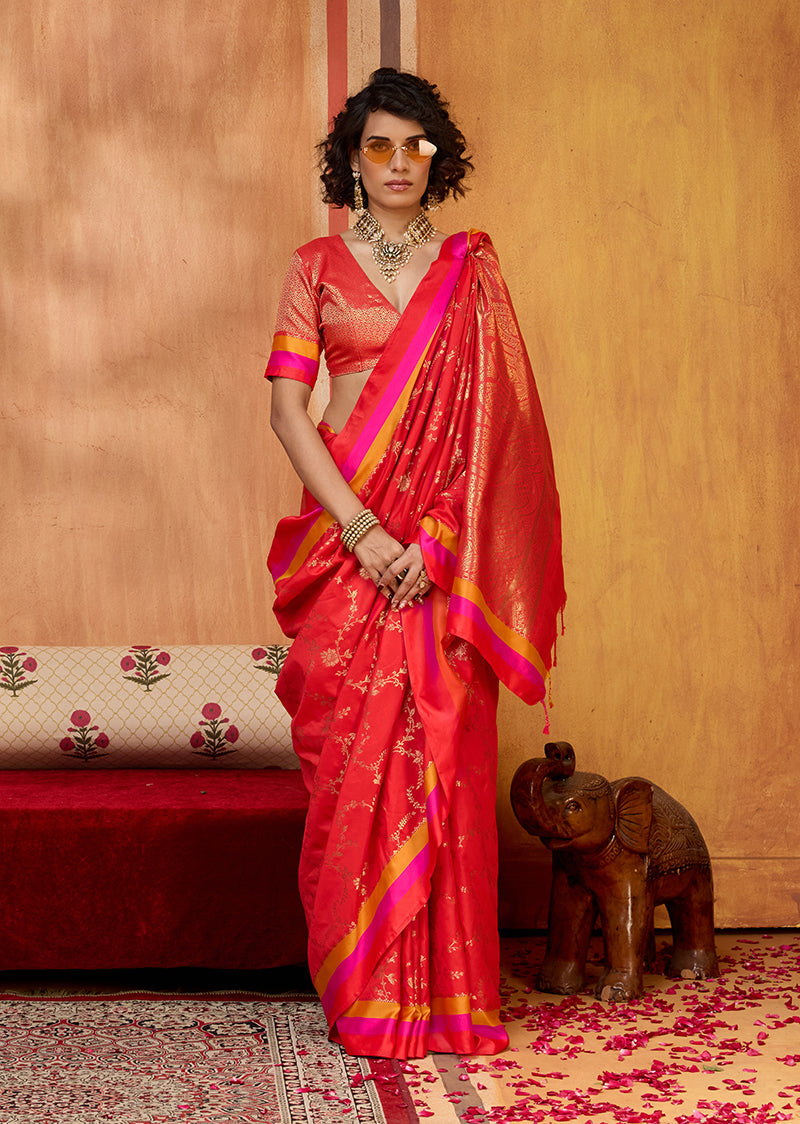 Monjolika Fashion Red Weaving Satin Silk Blend Festival Trendy Saree - Distacart