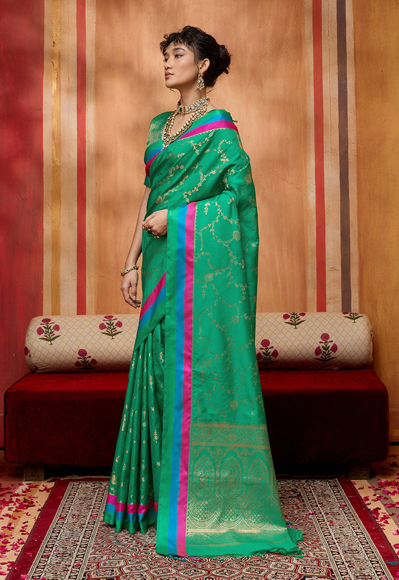 Monjolika Fashion Sea Green Weaving Satin Silk Blend Festival Trendy Saree - Distacart