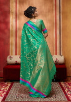 Monjolika Fashion Sea Green Weaving Satin Silk Blend Festival Trendy Saree - Distacart