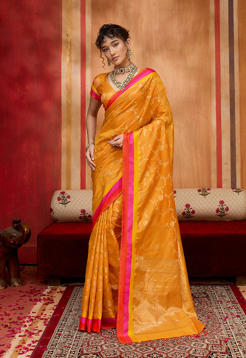 Monjolika Fashion Orange Weaving Satin Silk Blend Festival Trendy Saree - Distacart