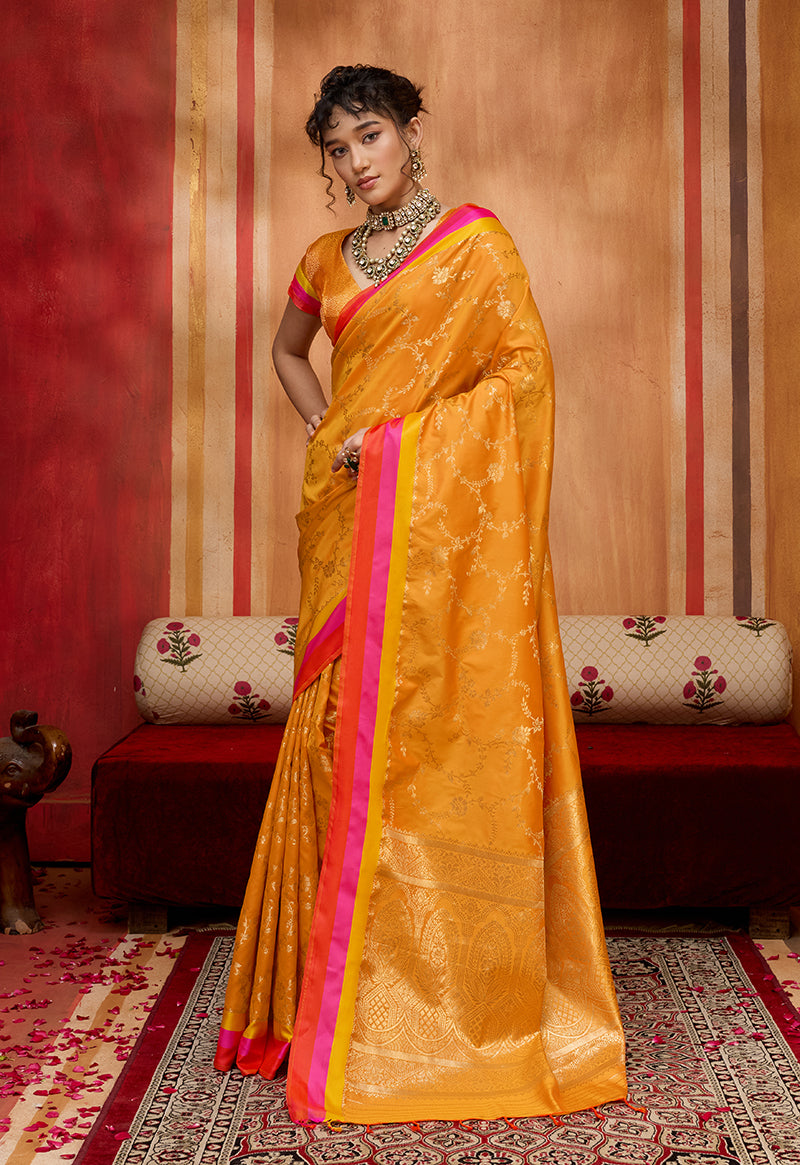 Monjolika Fashion Orange Weaving Satin Silk Blend Festival Trendy Saree - Distacart