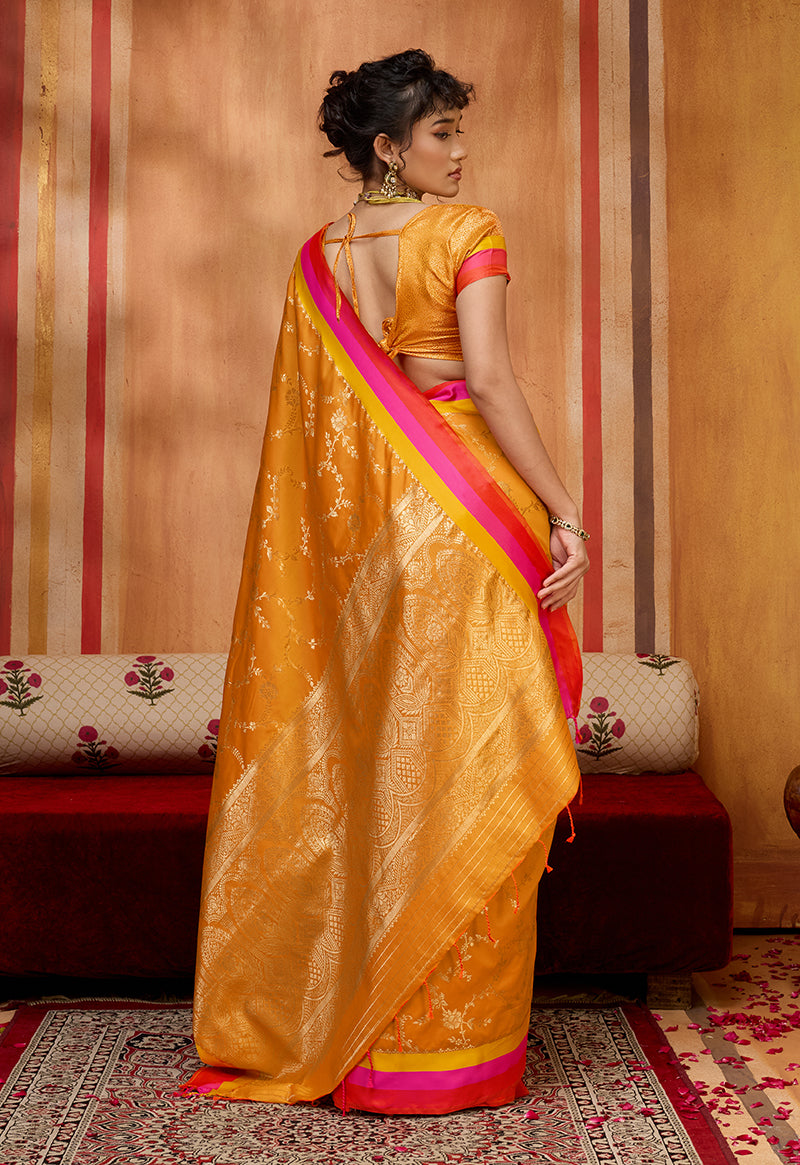 Monjolika Fashion Orange Weaving Satin Silk Blend Festival Trendy Saree - Distacart