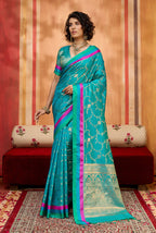 Monjolika Fashion Aqua Blue Weaving Satin Silk Blend Festival Trendy Saree - Distacart