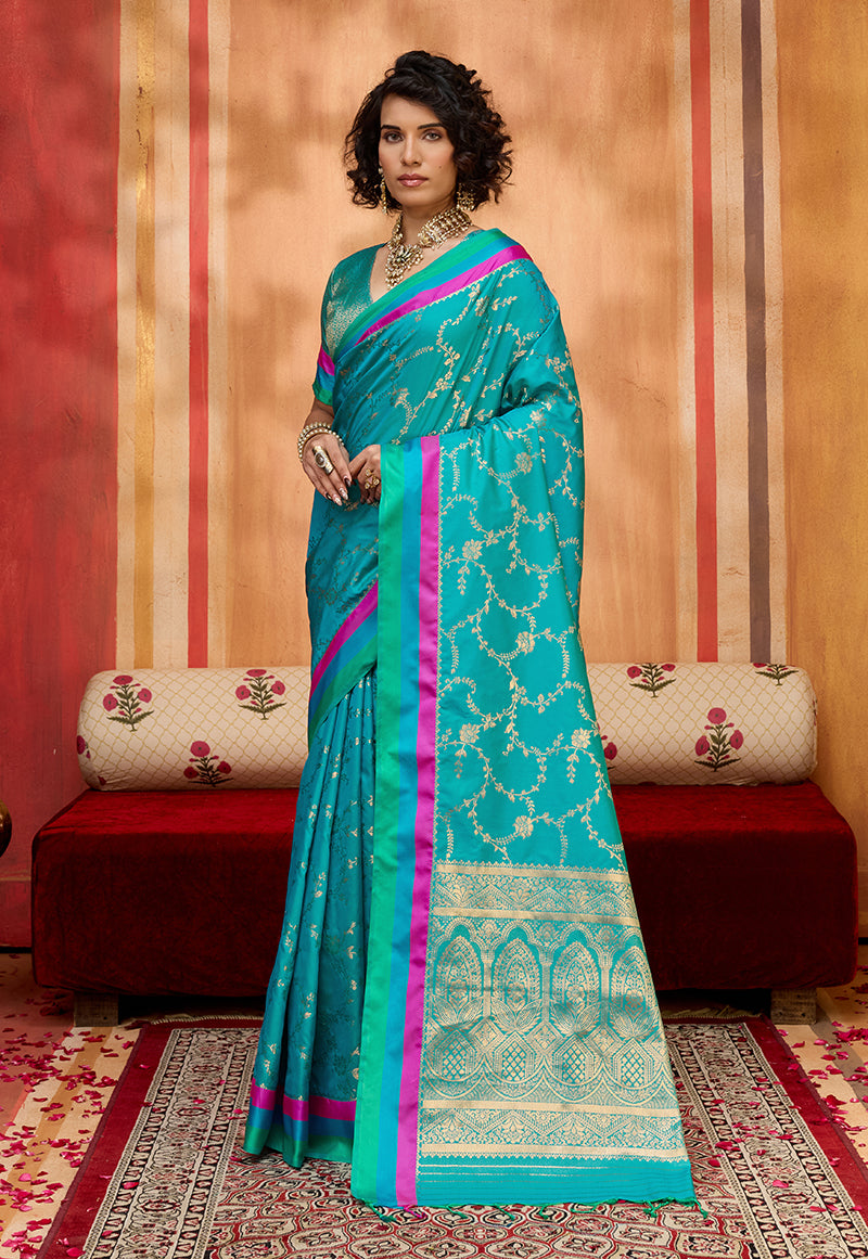Monjolika Fashion Aqua Blue Weaving Satin Silk Blend Festival Trendy Saree - Distacart